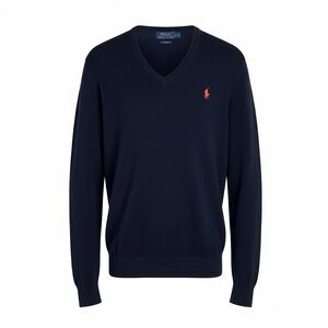 Polo Ralph Lauren Pima Cotton V-Neck Sweater Navy Orange Pony Size L